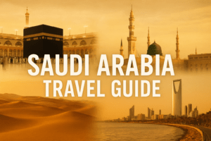 Saudi Arabia Travel Guide – Kaaba in Makkah, Madinah Mosque, Riyadh skyline, desert dunes, and Jeddah Corniche collage.
